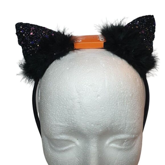 Sparkle Black Glitter Fuzzy Feathers Cat Ears Headband NWT - Picture 4 of 7